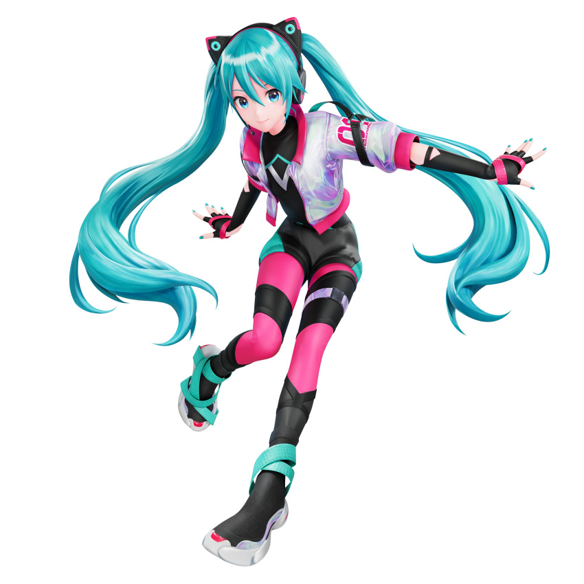 1girl, 3d, absurdres, animal_ear_headphones, animal_ears, black_boots, black_gloves, black_shirt