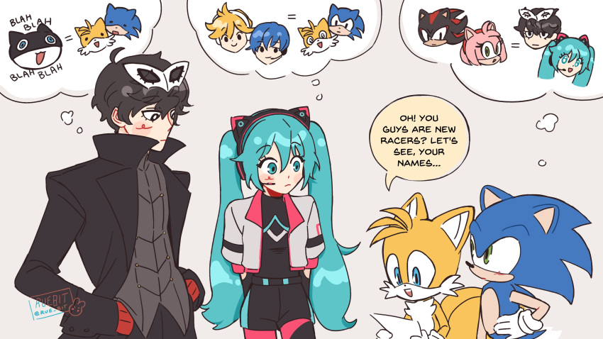 1girl, 3boys, :d, absurdres, amy_rose, animal_ear_headphones, animal_ears, arms_behind_back