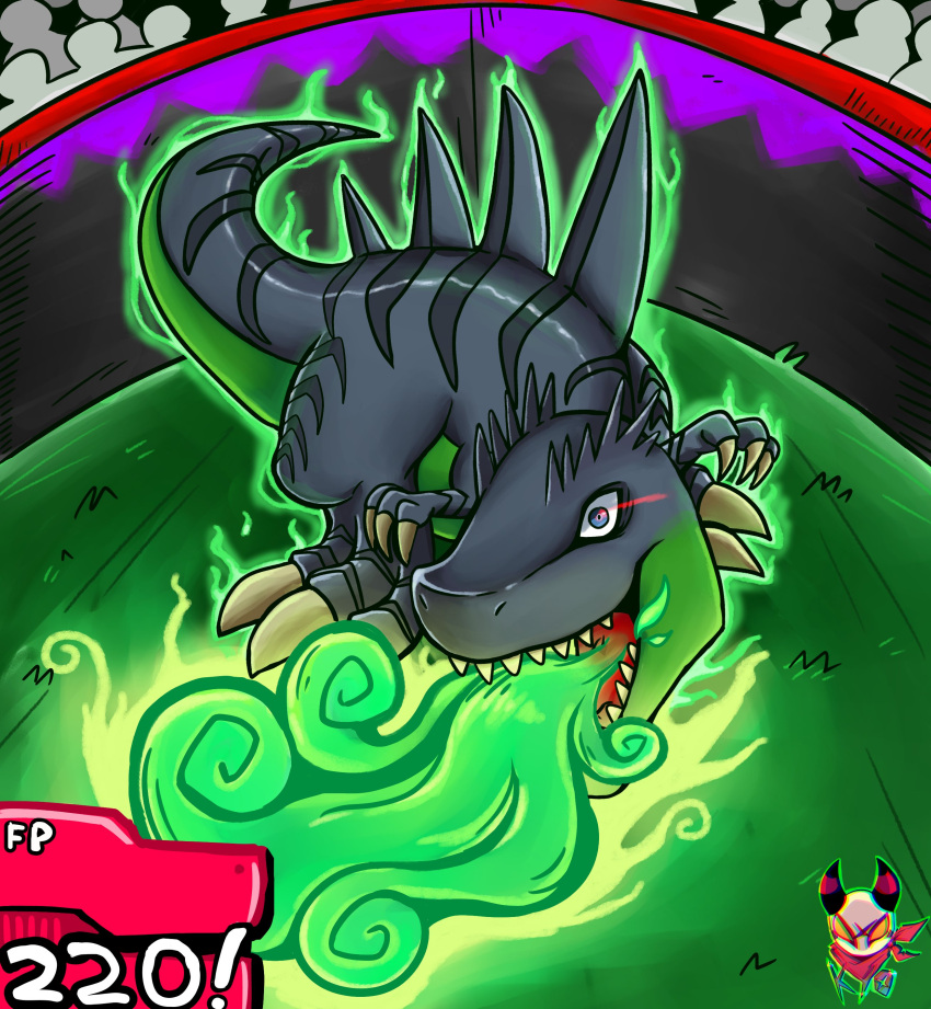 absurdres, artist_logo, blue_eyes, breath_weapon, breathing_fire, dinosaur, fire, fossil_fighters