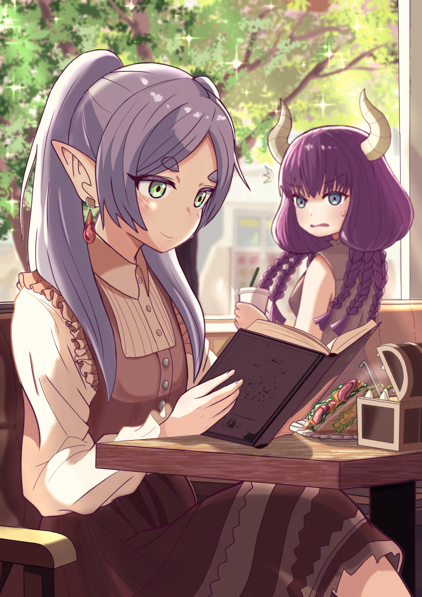 2girls, absurdres, aura_(sousou_no_frieren), blue_eyes, blush, braid, breasts, cafe