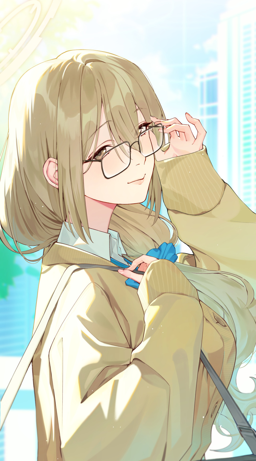 1girl, absurdres, adjusting_eyewear, akane_(blue_archive), akane_(school_uniform)_(blue_archive), bag, black-framed_eyewear, blue_archive