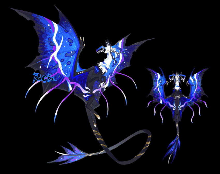 artist_name, bairizuomeng, black_skin, blue_wings, body_markings, claws, colored_skin, dragon