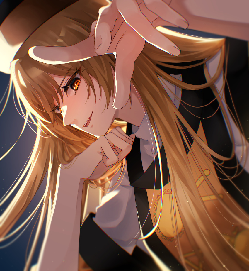 1girl, absurdres, blonde_hair, hand_up, highres, long_hair, looking_at_viewer, matara_okina