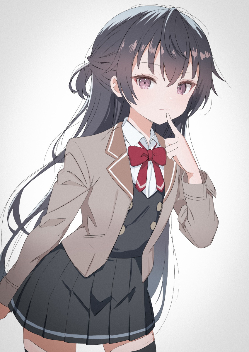 1girl, absurdres, black_eyes, black_hair, black_skirt, black_thighhighs, black_vest, blazer