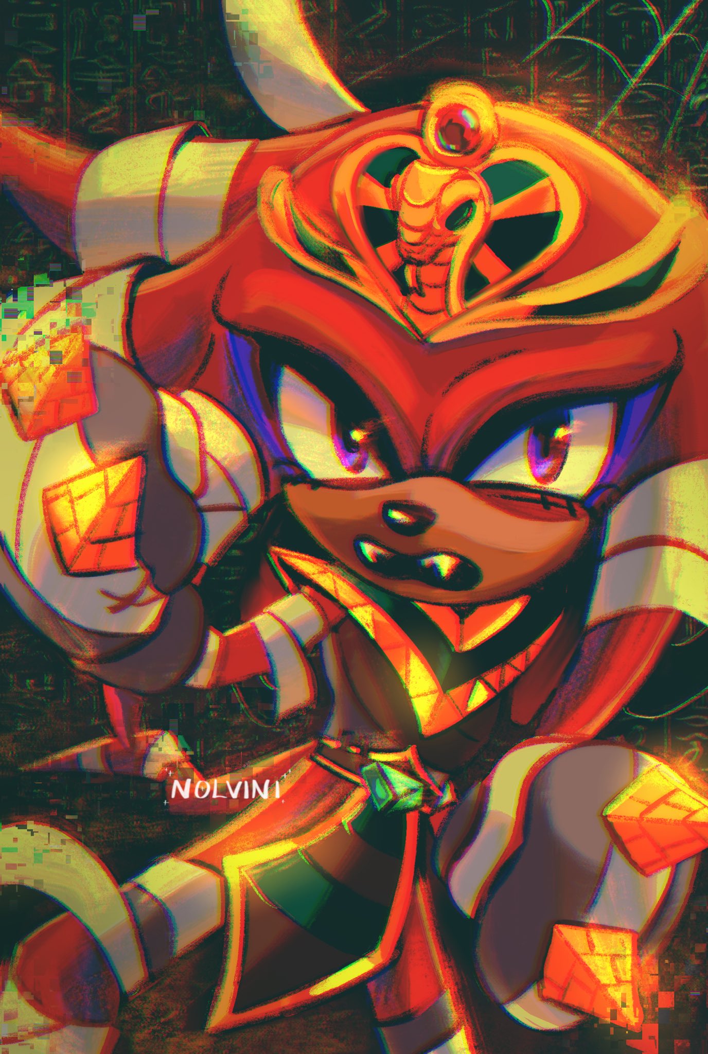 1boy, animal_nose, bandaged_leg, bandages, chromatic_aberration, eyeshadow, fangs, furry, furry_male, gem, glitch, gloves, green_gemstone, highres, knuckles_the_echidna, knuckles_the_echidna_(mummy), looking_at_viewer, makeup, male_focus, mummy, mummy_costume, nolvini, official_alternate_costume, open_mouth, pyramid_(structure), red_fur, solo, sonic_(series), sonic_forces:_speed_battle, violet_eyes