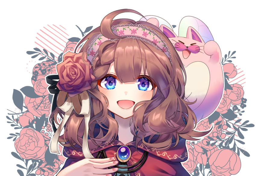 1girl, ahoge, ani_inako, blue_eyes, blush, brooch, brown_hair, cape