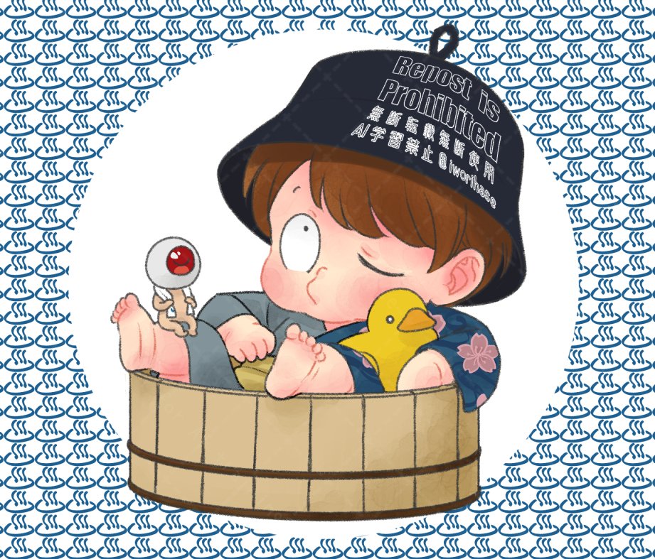 baby, barefoot, basket, biting_another's_leg, black_hat, brown_hair, bucket_hat, child
