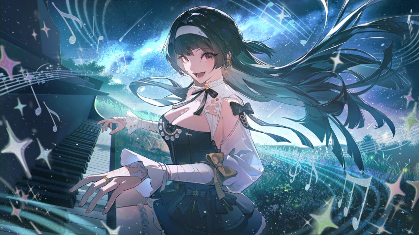 1girl, ameriya, astra_yao, astra_yao_(chandelier), black_dress, black_hair, dress, earrings, floating_hair, hairband, highres, instrument, jewelry, looking_at_viewer, music, musical_note, necklace, official_alternate_costume, outdoors, pearl_anklet, playing_instrument, playing_piano, red_eyes, removing_eyewear, sitting, sky, smile, star_(sky), starry_sky, thigh_beads, white_hairband, zenless_zone_zero