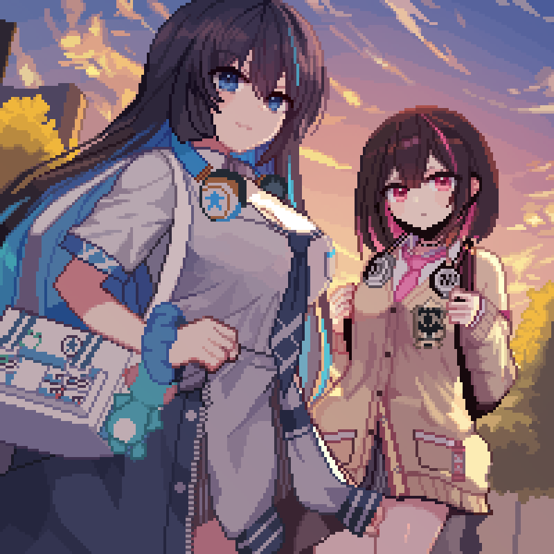 2girls, bag, black_hair, black_survival, blue_hair, blue_scrunchie, brown_cardigan, cardigan, colored_inner_hair, debi_(after_school)_(black_survival), eternal_return:_black_survival, grey_shirt, headphones, headphones_around_neck, long_hair, long_sleeves, looking_at_viewer, marlene_(after_school)_(black_survival), multicolored_hair, multiple_girls, orange_sky, pink_hair, pixel_art, school_bag, scrunchie, shirt, short_hair, short_sleeves, sky, tinia_etru, tree, wrist_scrunchie