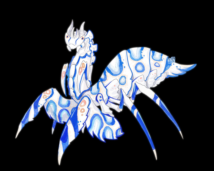 arthropod_limbs, arthropod_tail, artist_name, bairizuomeng, black_background, blue_eyes, blue_skin, carapace