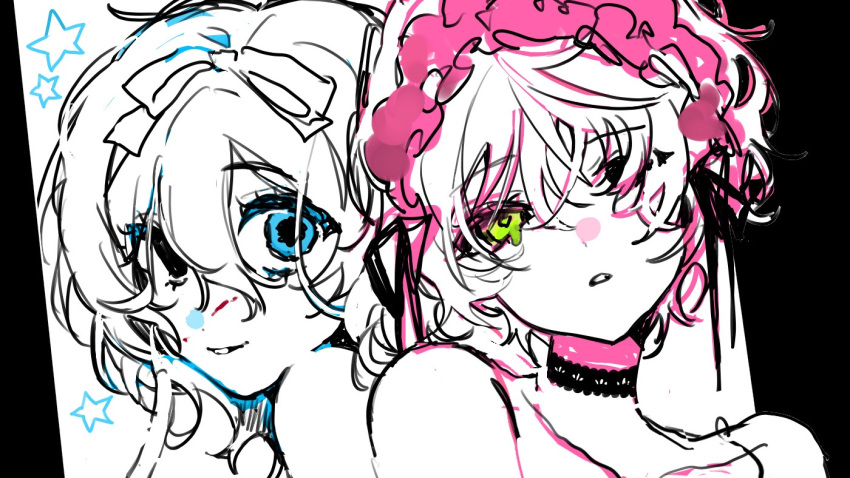 2girls, alien_stage, bare_shoulders, blue_eyes, bow, choker, commentary, dilated_pupils