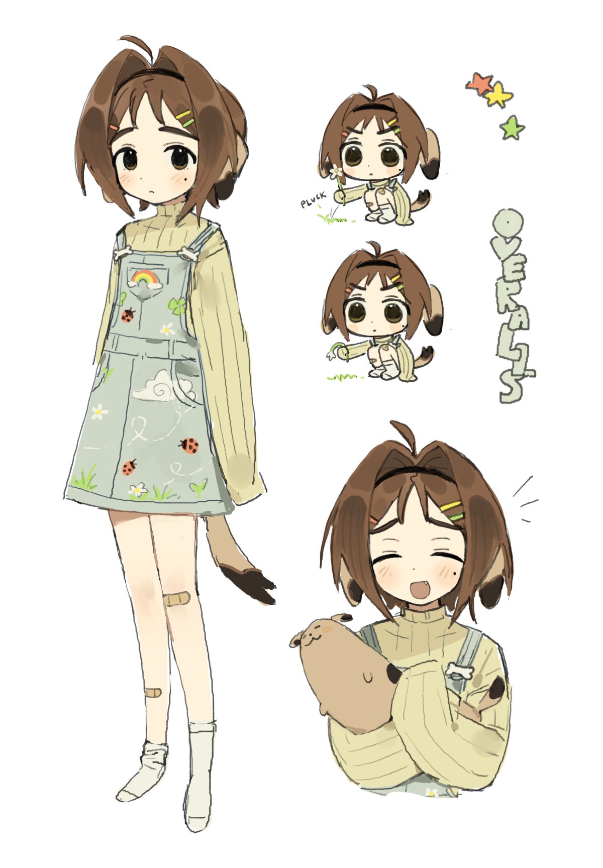 1girl, ahoge, bandaid, bandaid_on_knee, bandaid_on_leg, blush, blush_stickers, brown_hair