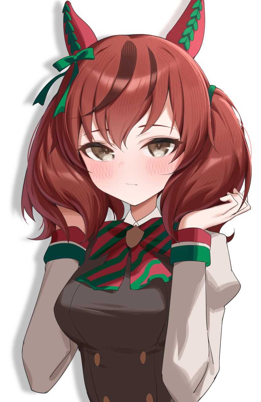 1girl, absurdres, animal_ears, blush, bow, brown_eyes, brown_hair, brown_shirt