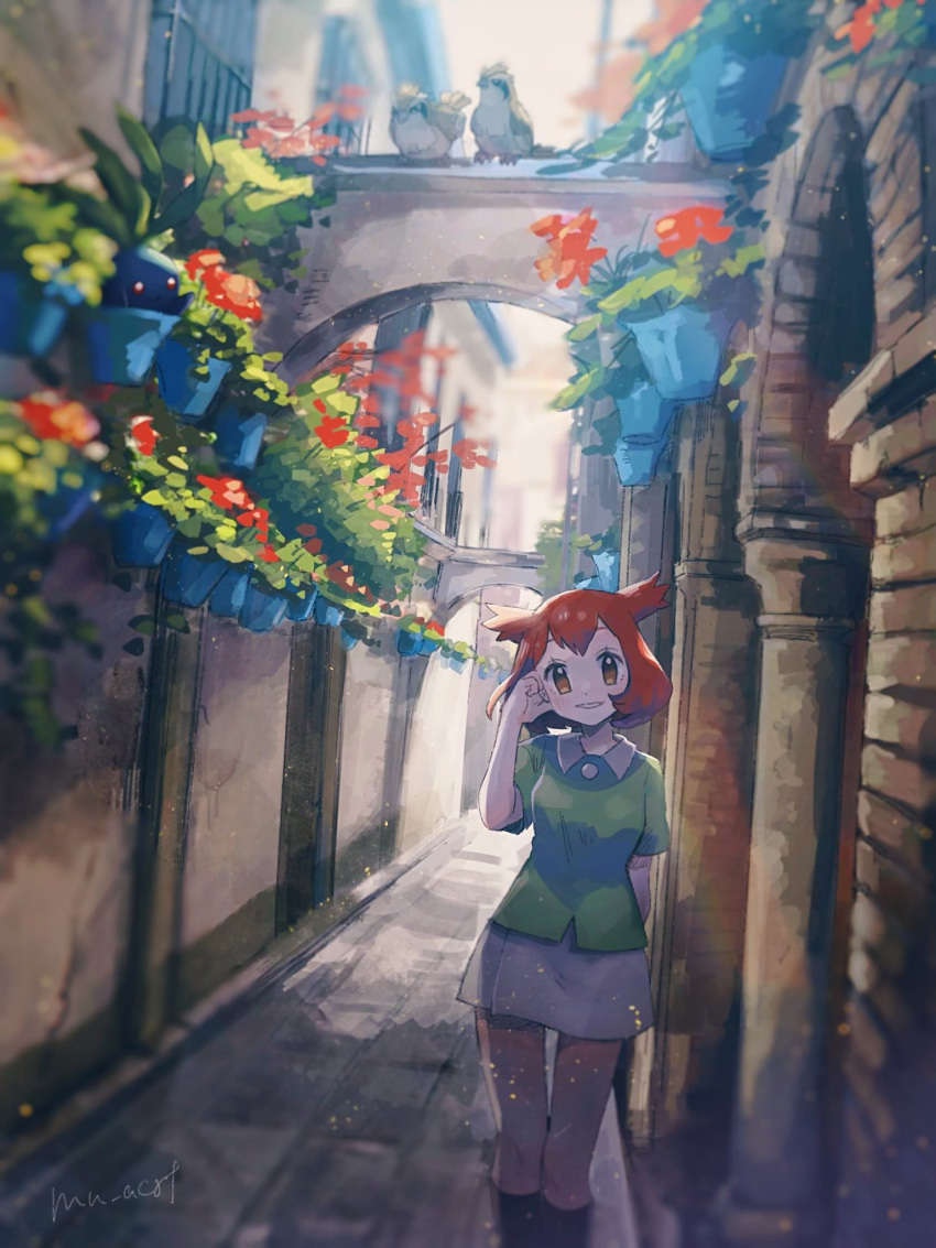 1girl, alley, alto_mare, arch, arm_behind_back, bianca_(pokemon_heroes), black_socks, blush