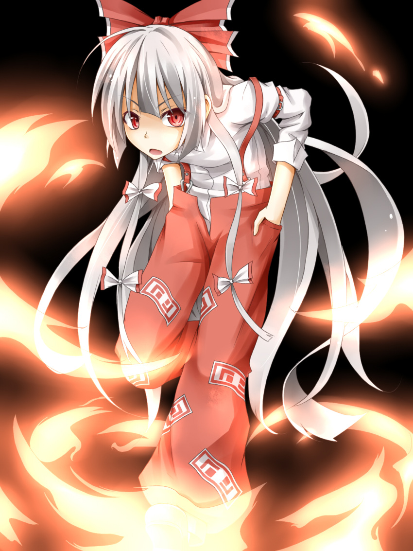 belt, bow, fire, flask_(artist), flask_(pandora), fujiwara_no_mokou, hair_bow, hair_ribbon