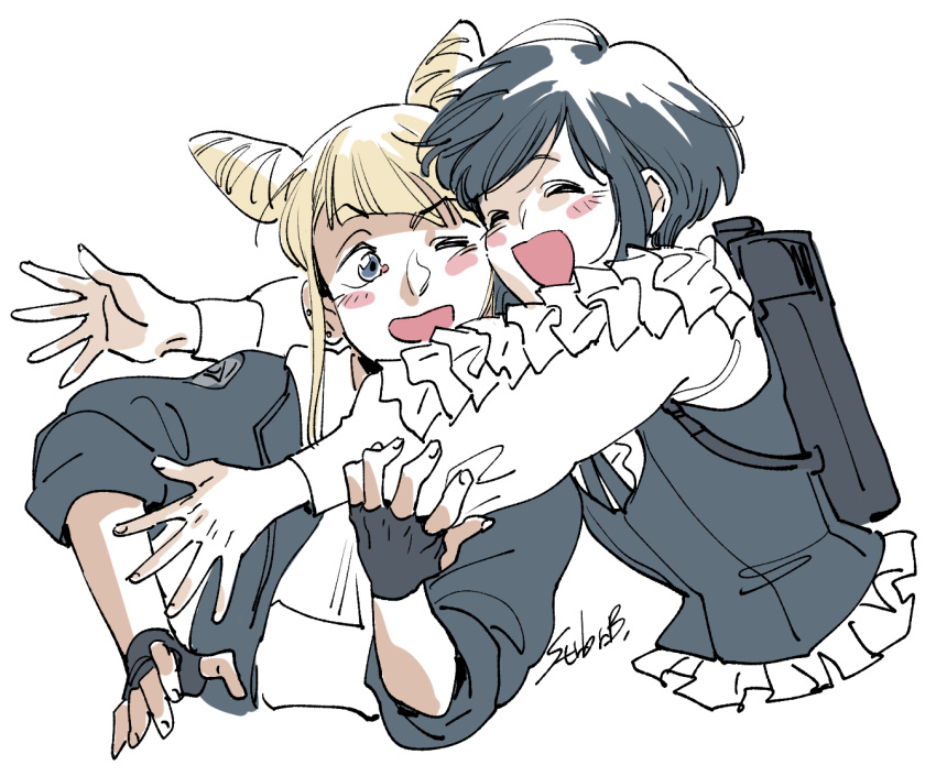 2girls, blunt_bangs, blush, closed_eyes, commentary_request, cone_hair_bun, cropped_torso, double_bun