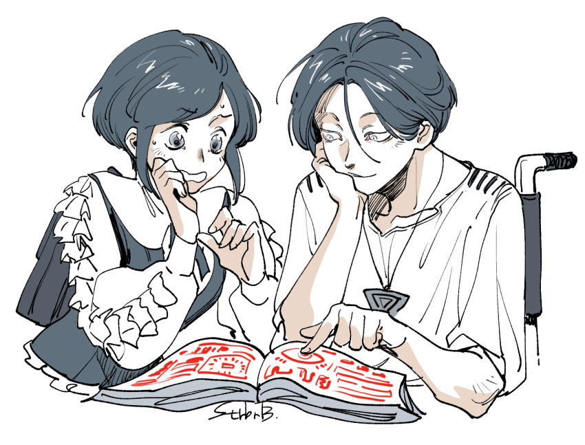 1boy, 1girl, backpack, bag, book, closed_mouth, collared_shirt, frilled_shirt
