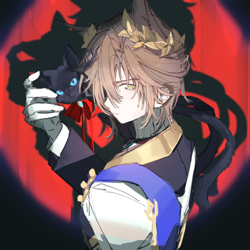 1boy, animal_ears, ariab, arknights, black_cat, bow, brown_hair, cat
