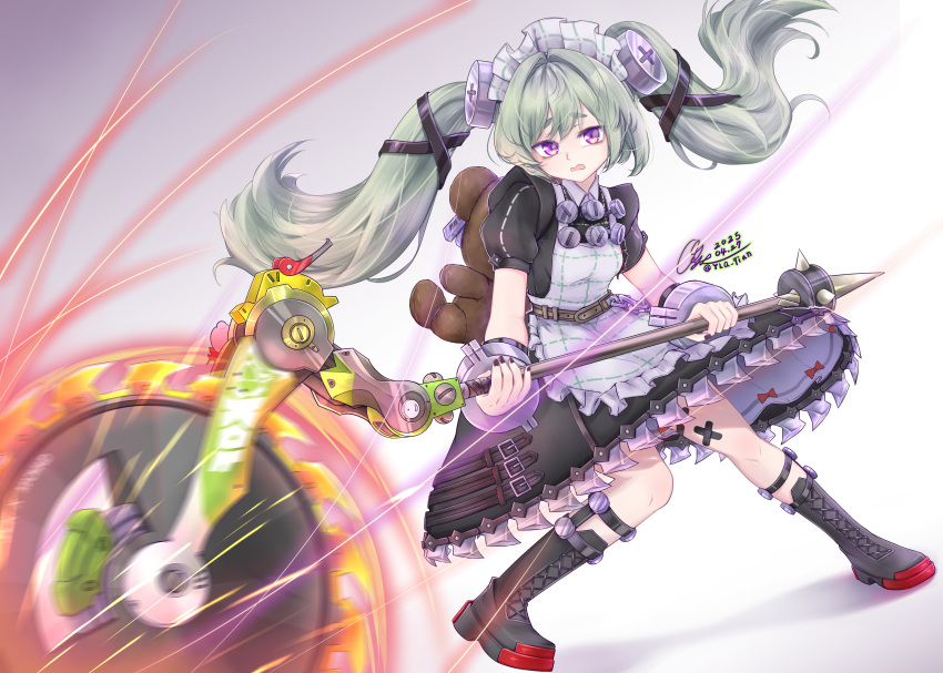 1girl, absurdres, animal_bag, apron, artist_name, bandaid, bandaid_on_leg, bear_bag