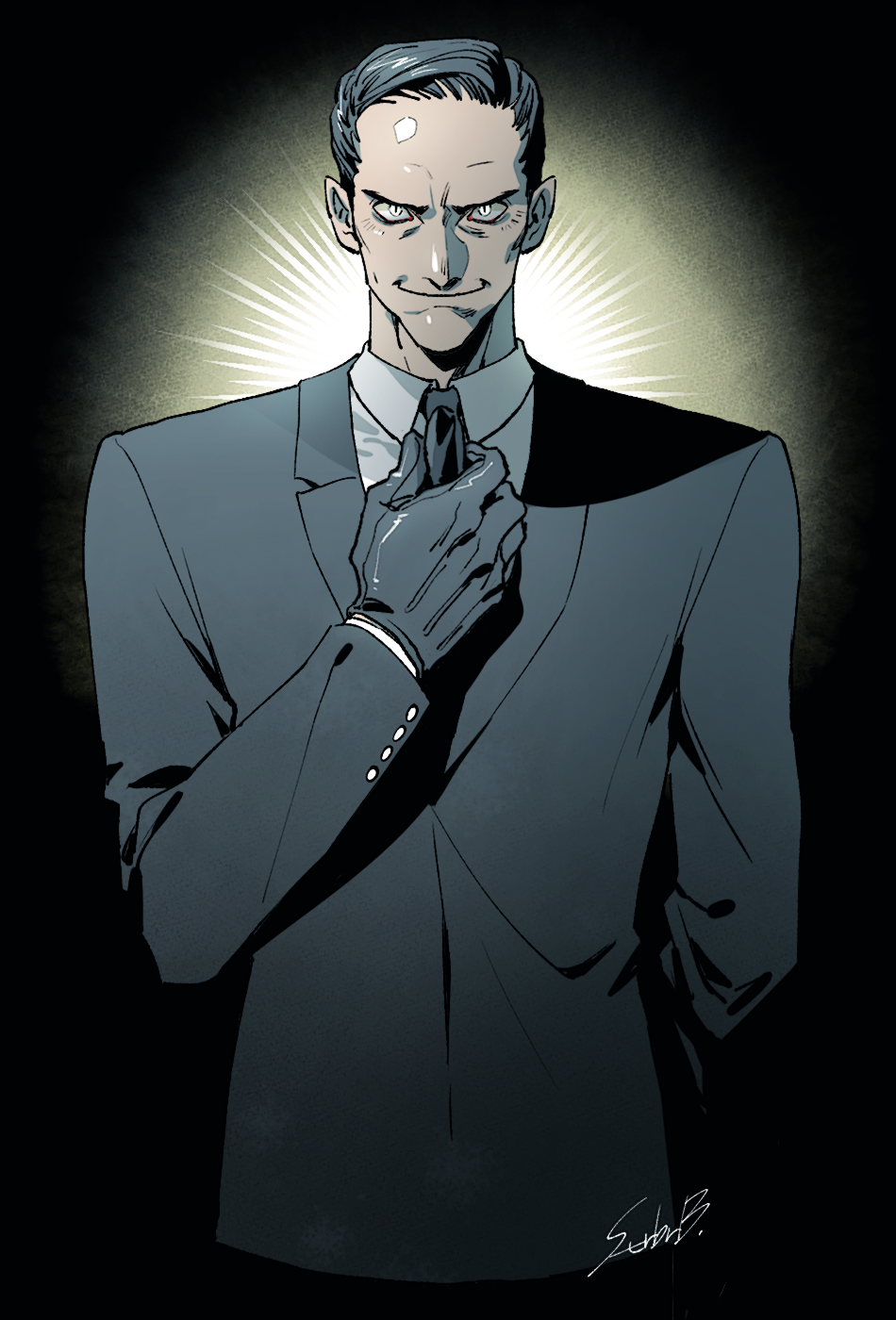 1boy, arm_behind_back, black_background, closed_mouth, collared_shirt, commentary_request, cropped_torso, gloves