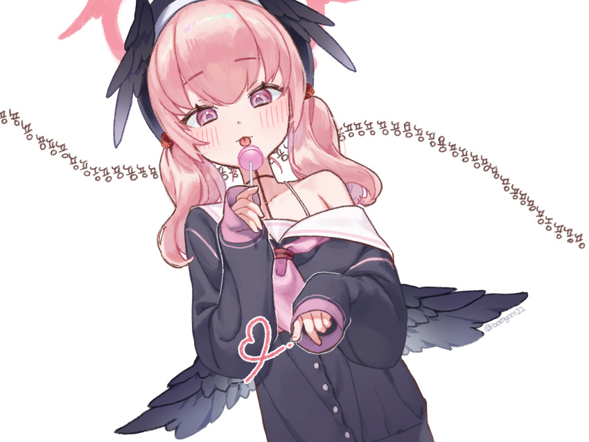 1girl, bamyamsj, beret, black_hat, black_shirt, blue_archive, body_markings, bra_strap, candy, food, halo, hat, heart, heart_of_string, highres, holding, holding_candy, holding_food, holding_lollipop, koharu_(blue_archive), light_smile, lollipop, long_sleeves, looking_at_viewer, low_twintails, medium_hair, neckerchief, off_shoulder, pink_eyes, pink_hair, pink_halo, pink_neckerchief, sailor_collar, shirt, simple_background, solo, tongue, tongue_out, twintails, upper_body, white_background, white_sailor_collar