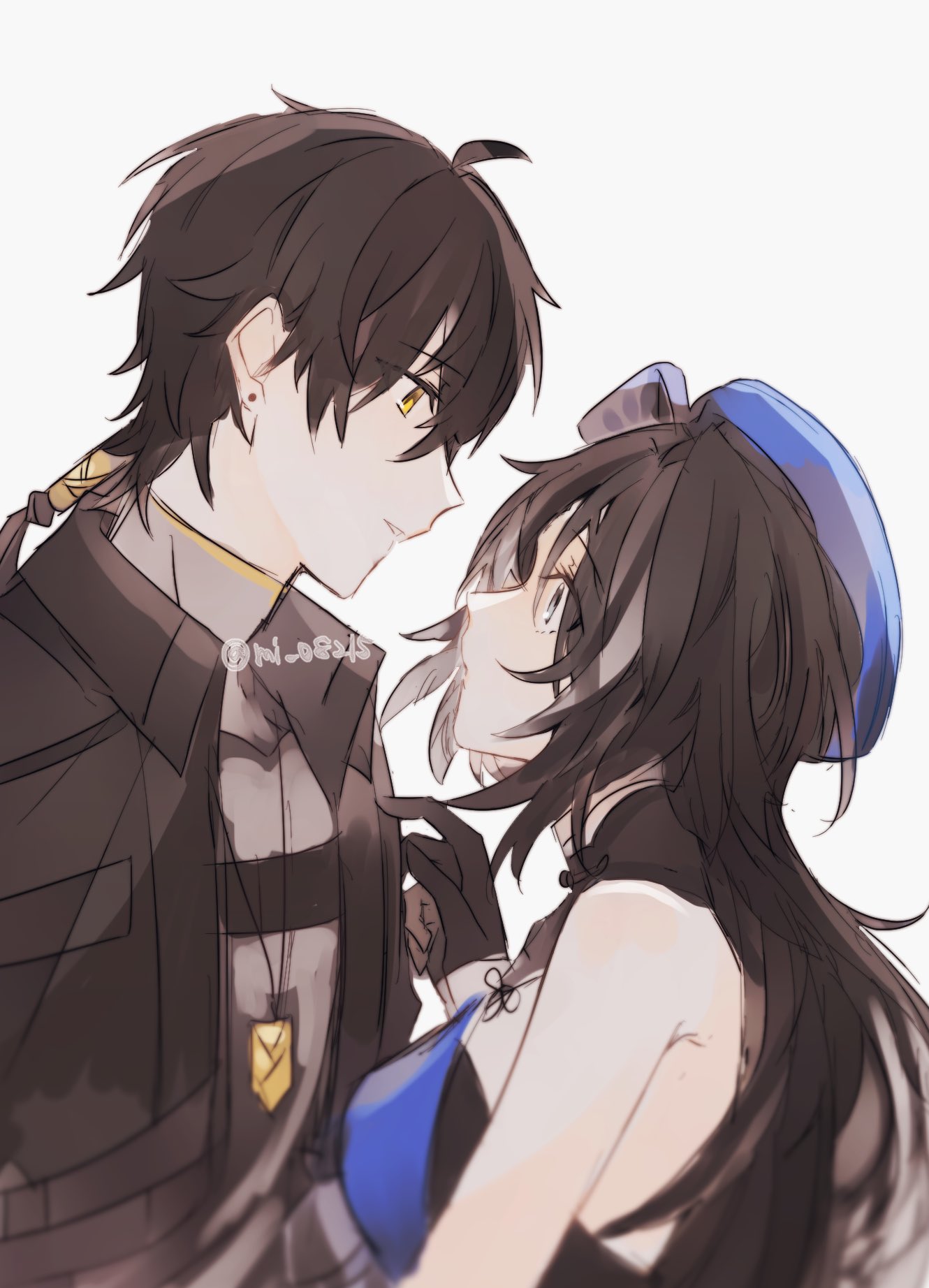 1boy, 1girl, black_gloves, black_hair, blue_hat, gloves, hat, highres