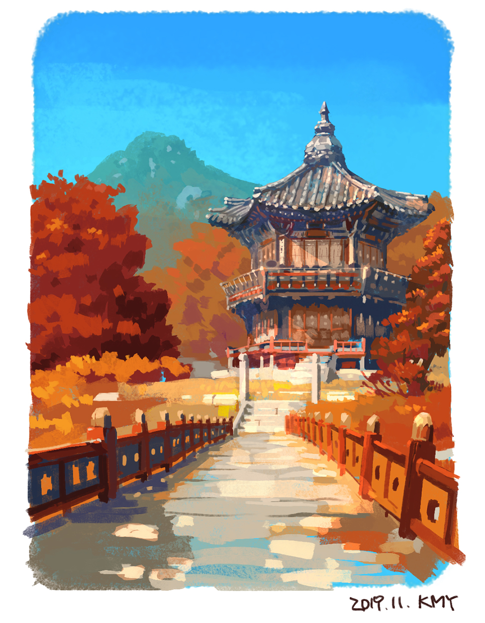 autumn, autumn_leaves, blue_sky, bridge, highres, kmydoodler, landscape, leaf