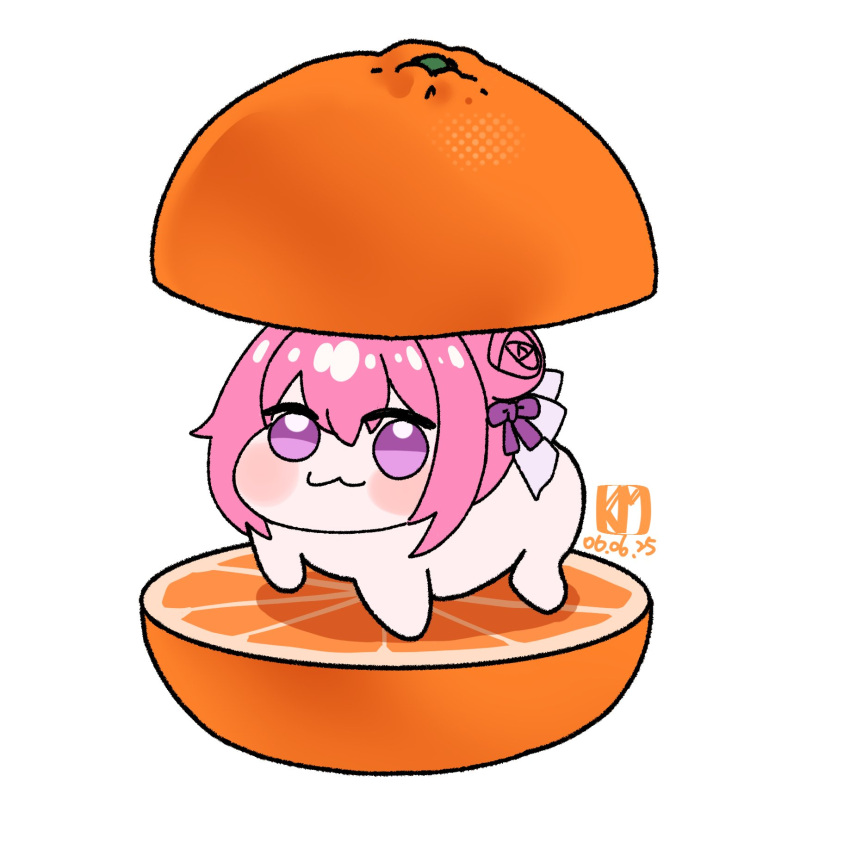 54kmlikeuniform, :3, blush, creature, doro_(nikke), flower-shaped_hair, food, fruit