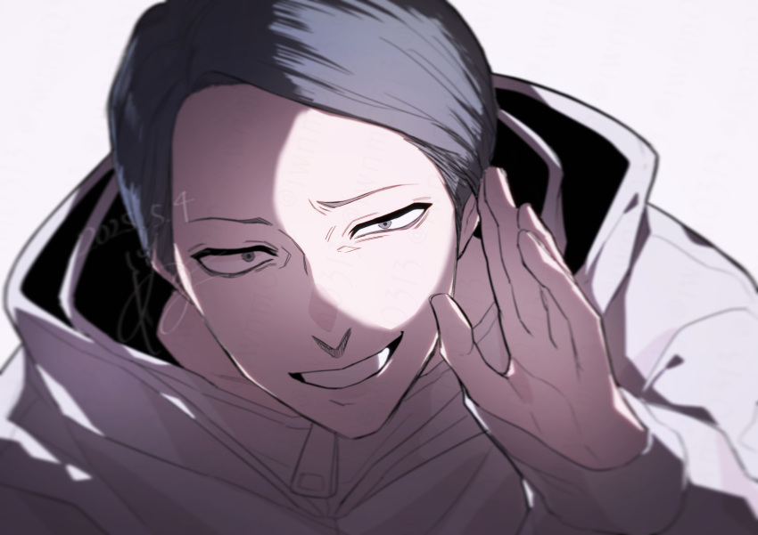 1boy, absurdres, commentary_request, furrowed_brow, hand_up, highres, iwnm0313, jacket