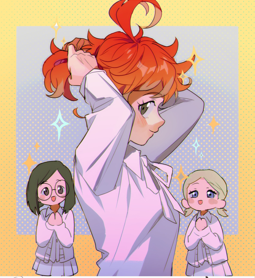 3girls, ahoge, blush, border, brown_eyes, cardigan, conny_(yakusoku_no_neverland), emma_(yakusoku_no_neverland)
