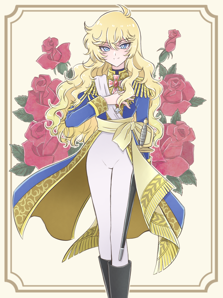 1girl, blonde_hair, blue_eyes, blue_jacket, brooch, closed_mouth, flower, gem, hair_between_eyes, jacket, jewelry, long_sleeves, looking_at_viewer, military_uniform, oscar_francois_de_jarjayes, pants, red_flower, red_gemstone, red_rose, rose, sheath, sheathed, smile, solo, standing, sword, versailles_no_bara, video_thirty, weapon, white_pants