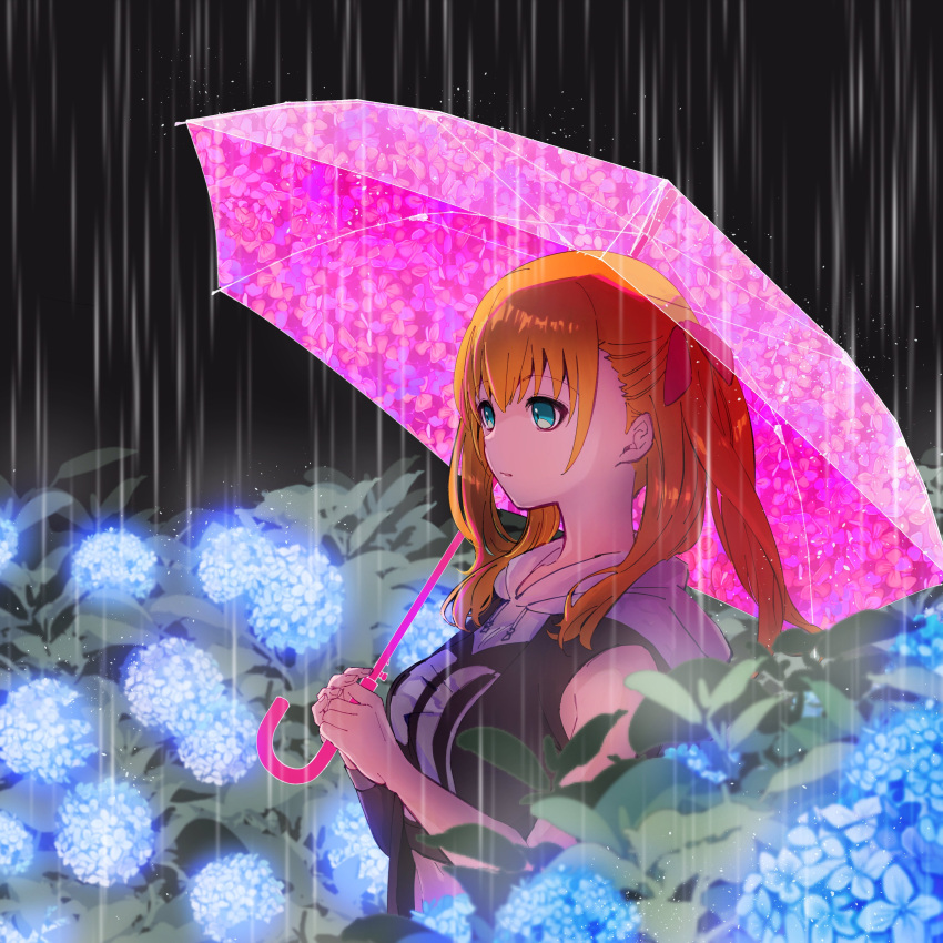 1girl, absurdres, aqua_eyes, blue_flower, commentary_request, flower, from_side, hair_ribbon, highres, holding, holding_umbrella, hydrangea, iroha_tsuki, looking_ahead, medium_hair, nk6kmnmn, orange_hair, parted_lips, pink_umbrella, rain, red_ribbon, ribbon, solo, tribe_nine, two_side_up, umbrella, upper_body