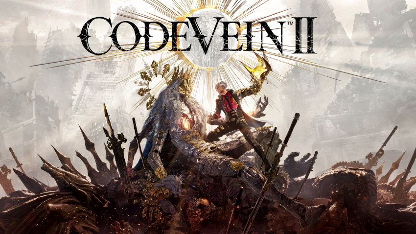 2boys, 3d, absurdres, armor, building, claw_(weapon), coat, code_vein, code_vein_ii, confrontation, crown, embers, fantasy, gold_mask, grey_hair, halo, highres, key_visual, long_hair, mask, multiple_boys, official_art, planted, planted_sword, post-apocalypse, promotional_art, ruins, size_difference, sword, weapon