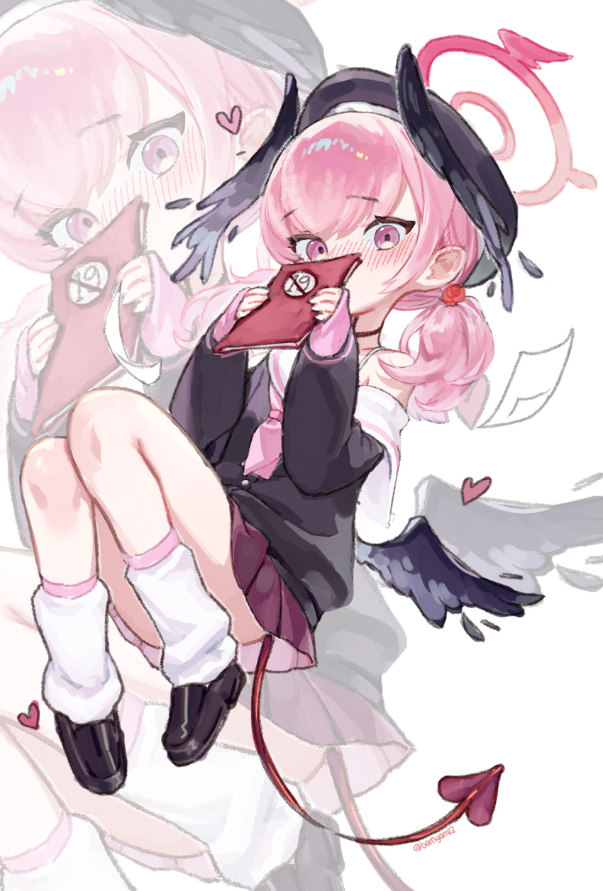 1girl, bamyamsj, beret, black_hat, black_shirt, black_shoes, blue_archive, blush
