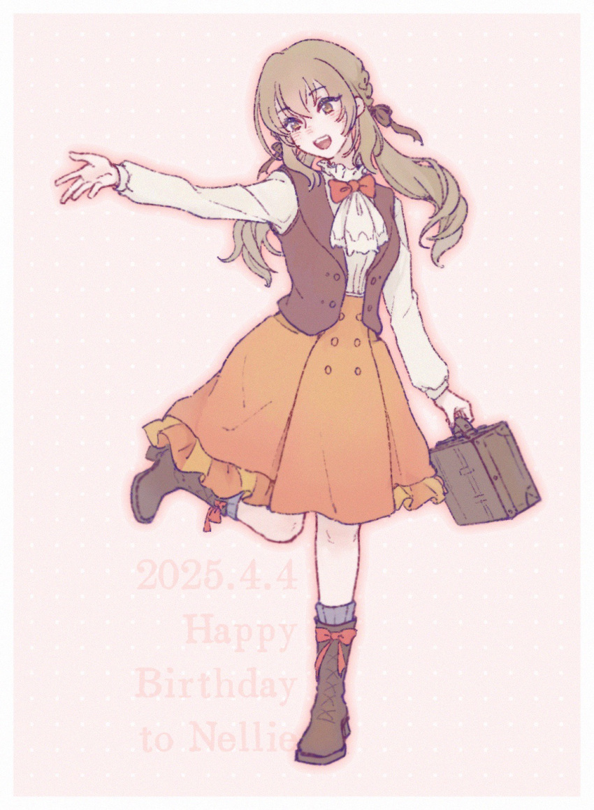 1girl, :d, ascot, bag, birthday, boots, border, bow