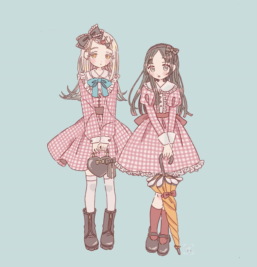 2girls, ankle_boots, aqua_background, aqua_bow, aqua_bowtie, bag, black_bag, black_boots