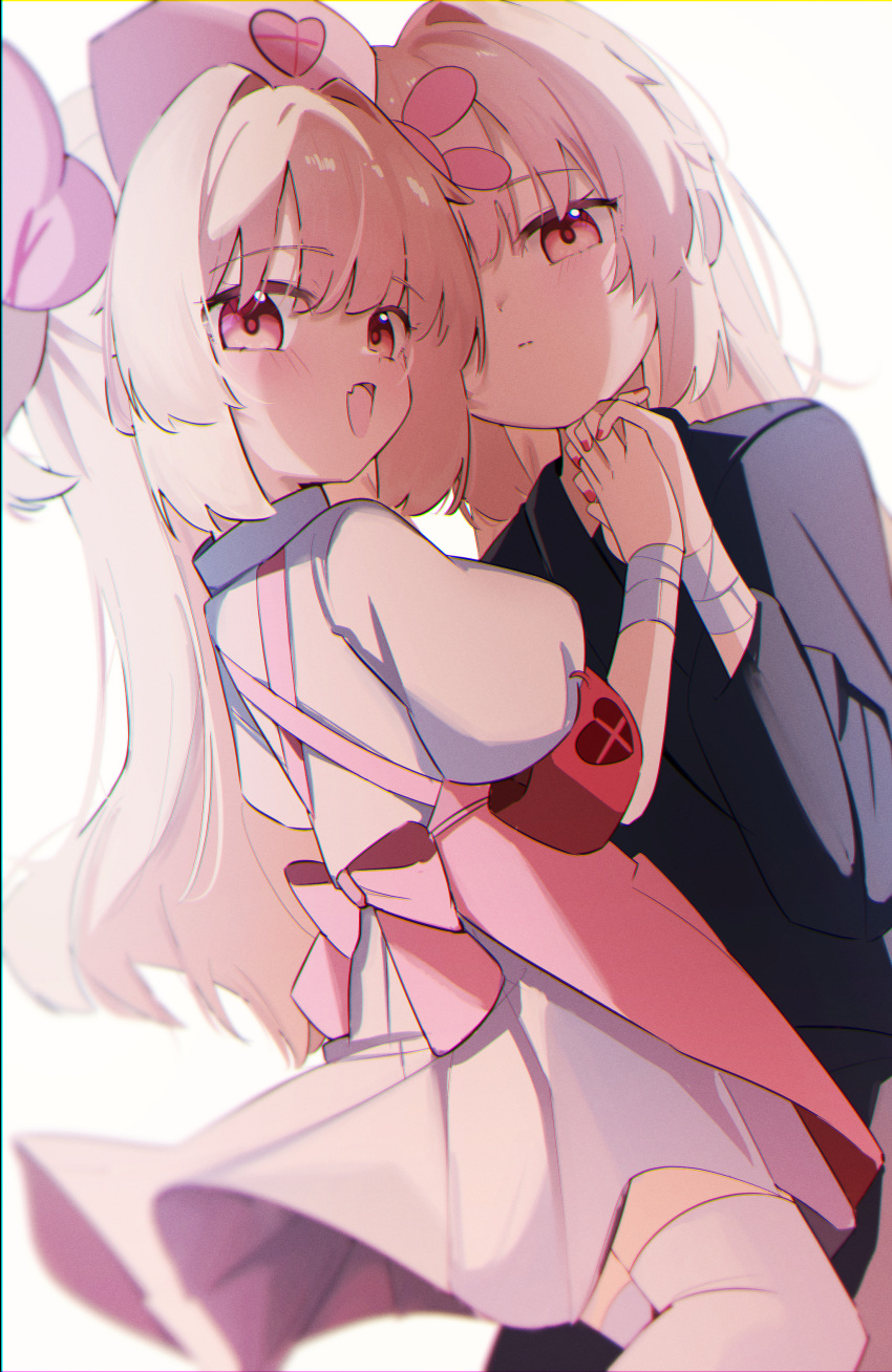 2girls, absurdres, aoi_(swoi_ekk), apron, armband, bandaged_wrist, bandages, blonde_hair