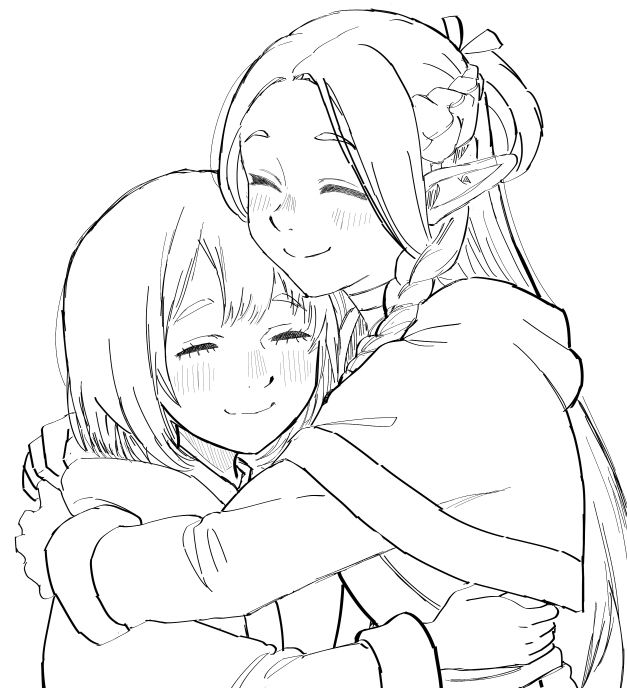 2girls, blush, braid, closed_eyes, closed_mouth, dungeon_meshi, falin_touden, greyscale