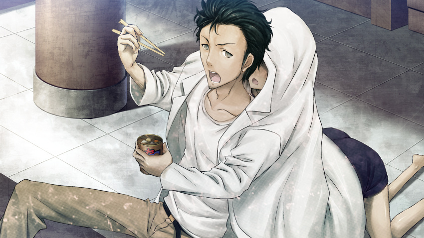 2boys, adam's_apple, annoyed, barefoot, beard_stubble, belt, black_belt, black_hair