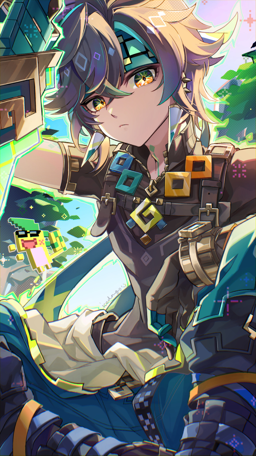 1boy, absurdres, ajaw_(genshin_impact), black_gloves, black_hair, black_shirt, blue_pants, closed_mouth