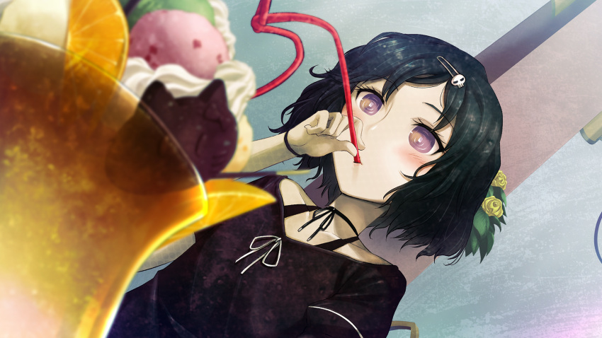 1boy, black_hair, black_ribbon, black_shirt, blurry, blurry_foreground, blush, bob_cut, bouquet, bracelet, casual, cat-shaped_food, chocolate, choker, collarbone, cream, dessert, drink, drinking, drinking_straw, drinking_straw_in_mouth, dutch_angle, flower, food, fruit, game_cg, goth_fashion, hair_ornament, hairclip, happy, highres, holding, holding_drinking_straw, huke, ice_cream, jewelry, leaf, lemon, lemon_slice, looking_at_food, multiple_scoops, non-web_source, official_art, otoko_no_ko, parfait, parted_lips, pink_eyes, pink_lips, puffy_short_sleeves, puffy_sleeves, ribbon, ribbon_choker, ringed_eyes, shiny_lips, shirt, short_sleeves, skull_hair_ornament, solo, square_pupils, steins;gate, steins;gate:_my_darling's_embrace, strawberry, sundae, surprised, tank_top, urushibara_ruka, whipped_cream, white_ribbon, white_stripes