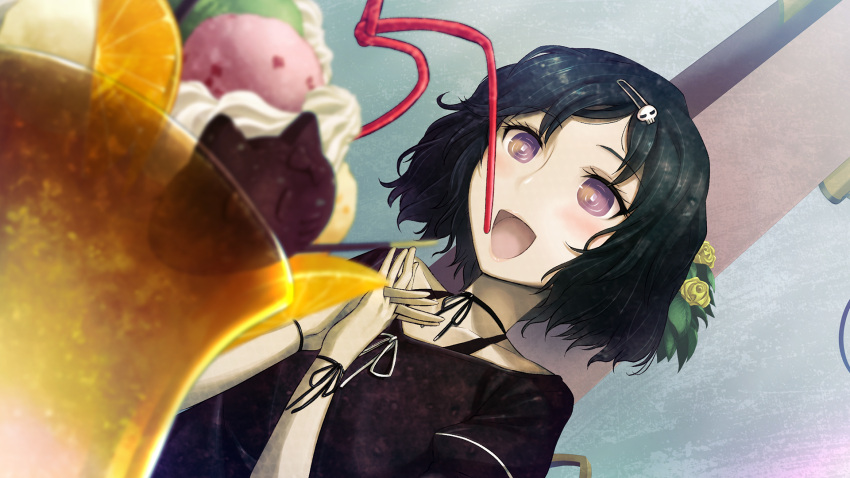 1boy, black_hair, black_ribbon, black_shirt, blurry, blurry_foreground, blush, bob_cut