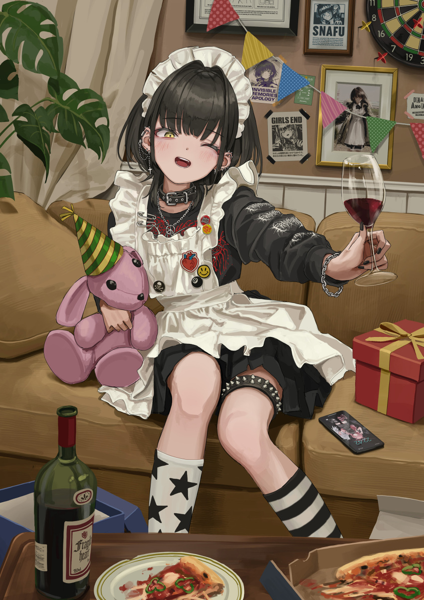 1girl, :d, absurdres, alcohol, apron, black_collar, black_hair, black_shirt