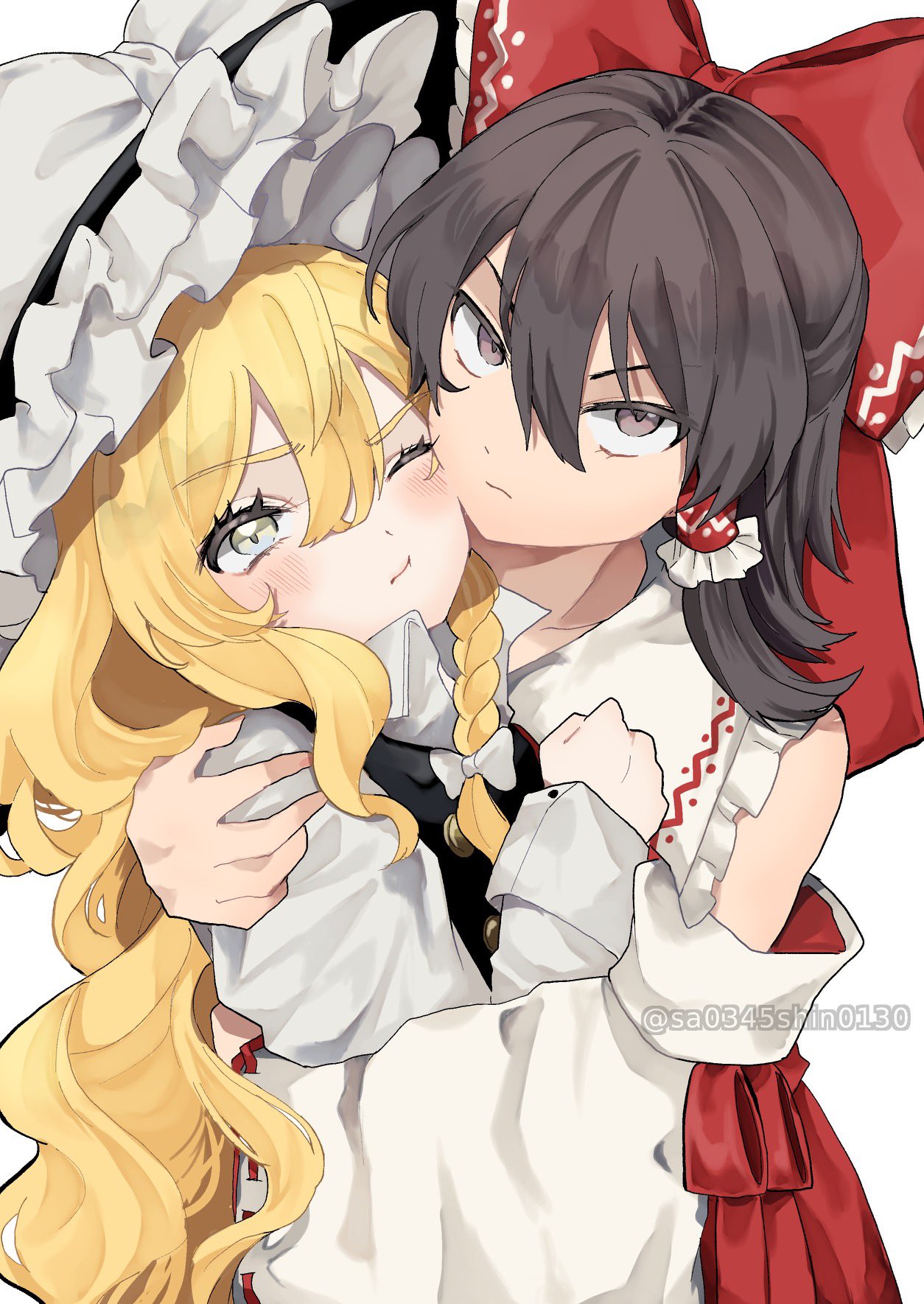 2girls, :t, black_hat, black_vest, blonde_hair, blush, bow, braid, brown_eyes, brown_hair, closed_mouth, commentary, detached_sleeves, frilled_hair_tubes, frills, hair_between_eyes, hair_bow, hair_tubes, hakurei_reimu, hat, hat_bow, highres, hug, kirisame_marisa, long_hair, long_sleeves, looking_at_viewer, multiple_girls, red_bow, red_shirt, shirt, side_braid, simple_background, single_braid, sleeveless, sleeveless_shirt, touhou, twitter_username, uchisaki_himari, v-shaped_eyebrows, very_long_hair, vest, white_background, white_bow, white_shirt, white_sleeves, witch_hat, yellow_eyes