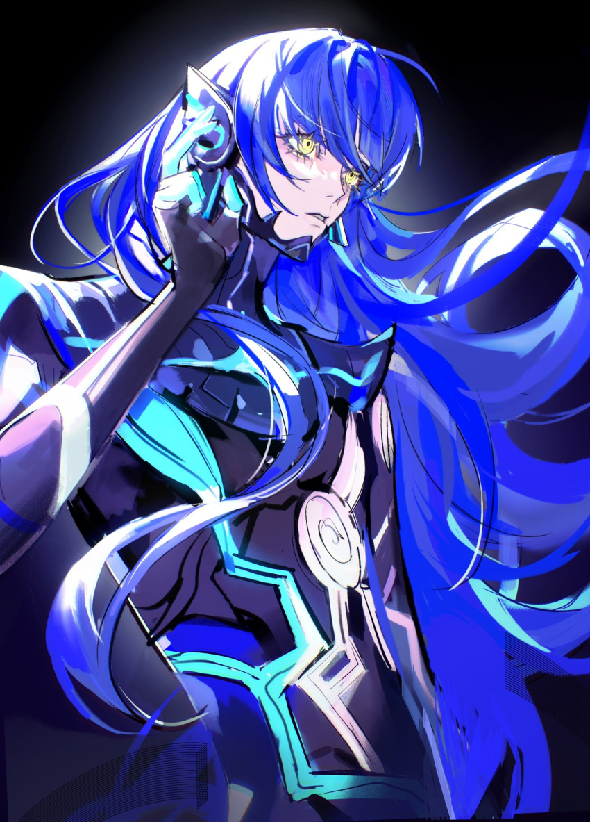 1boy, androgynous, armor, binxngchng1, black_background, black_bodysuit, blue_hair, bodysuit, chin_guard, eyelashes, hand_up, hashtag-only_commentary, highres, long_hair, looking_ahead, male_focus, parted_lips, protagonist_(smtv), shin_megami_tensei, shin_megami_tensei_v, simple_background, sketch, solo, upper_body, yellow_eyes