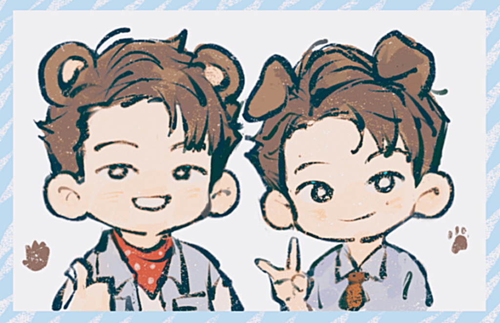 2boys, :d, amazing_night, animal_ears, bear_boy, bear_ears, black_eyes, blue_shirt