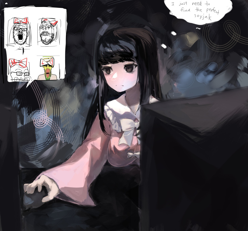 1girl, absurdres, black_eyes, black_hair, blunt_bangs, closed_mouth, commeowdore, computer