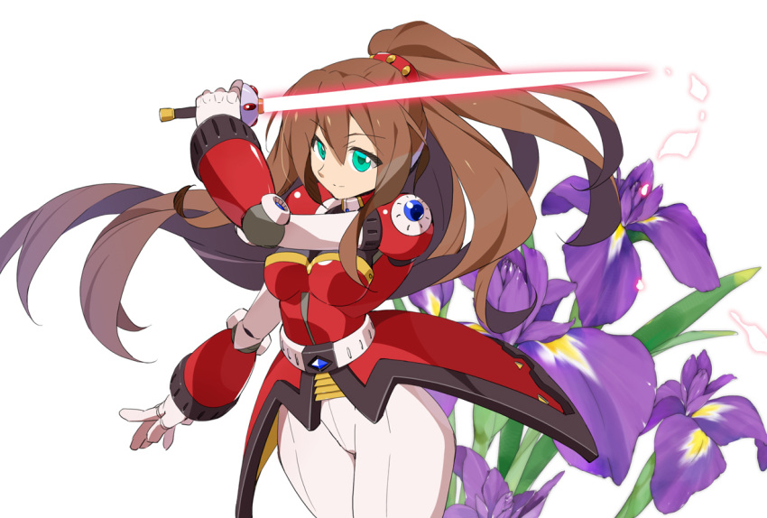 1girl, android, armor, brown_hair, energy_sword, flower, gloves, green_eyes