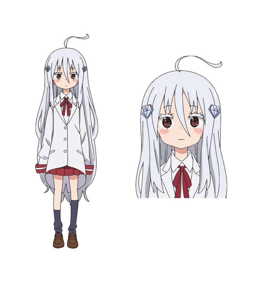 1girl, absurdres, ahoge, anime_coloring, black_socks, brown_eyes, closed_mouth, commentary