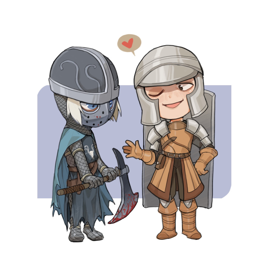 2boys, armor, axe, battle_axe, belt, black_eyes, blonde_hair, blood_on_axe